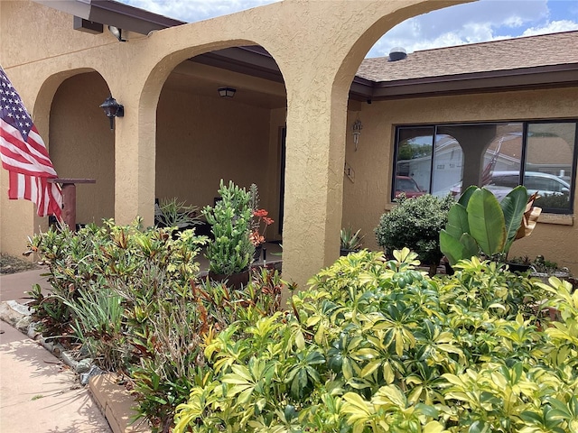 13111 Sheridan Dr, Hudson, FL 34667 - entrance to property with stucco siding and a shingled roof