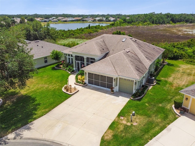 aerial view featuring a water view