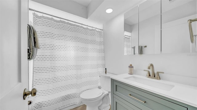 full bath featuring vanity, a shower with curtain, and toilet