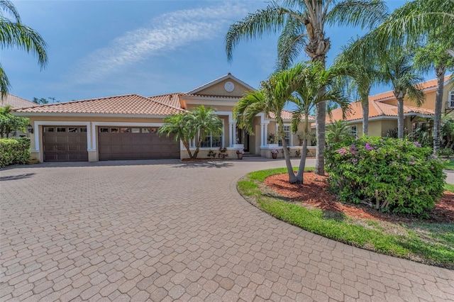 1033 Tuscany Dr, Trinity, FL 34655 - mediterranean / spanish-style house with a garage, curved driveway, stucco siding, and a tile roof