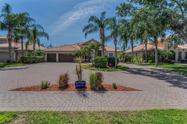 1033 Tuscany Dr, Trinity, FL 34655 - mediterranean / spanish-style house featuring a garage, curved driveway, stucco siding, and a tile roof