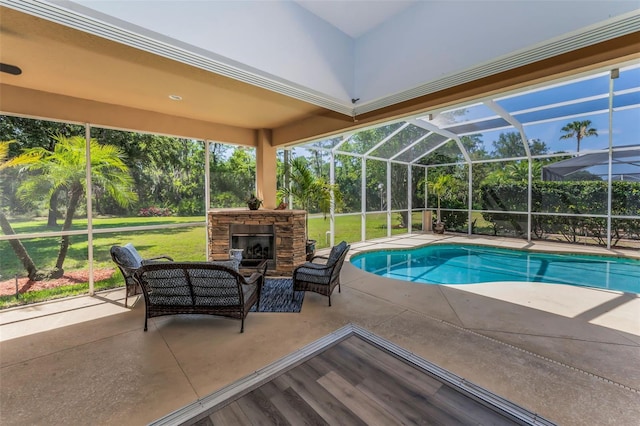 1033 Tuscany Dr, Trinity, FL 34655 - pool featuring an outdoor living space with a fireplace, a patio, a yard, and a lanai
