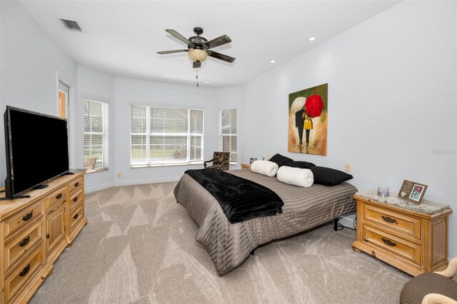 1033 Tuscany Dr, Trinity, FL 34655 - bedroom featuring visible vents, baseboards, light colored carpet, recessed lighting, and a ceiling fan
