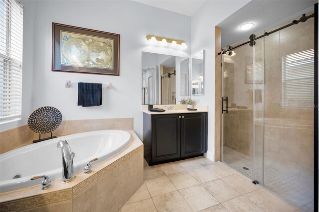 1033 Tuscany Dr, Trinity, FL 34655 - full bathroom featuring vanity, a bath, tile patterned floors, a stall shower, and a wealth of natural light
