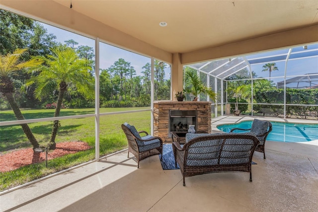 1033 Tuscany Dr, Trinity, FL 34655 - sunroom / solarium with an outdoor living space with a fireplace