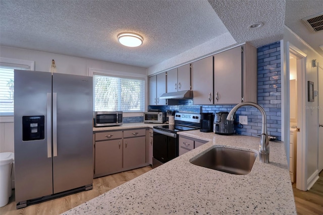 6622 Seaview Blvd, Hudson, FL 34667 - kitchen featuring stainless steel appliances, under cabinet range hood, light wood-style floors, a textured ceiling, and tasteful backsplash
