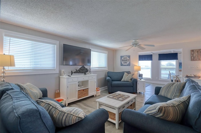 6622 Seaview Blvd, Hudson, FL 34667 - living room featuring a ceiling fan, a textured ceiling, and light wood finished floors