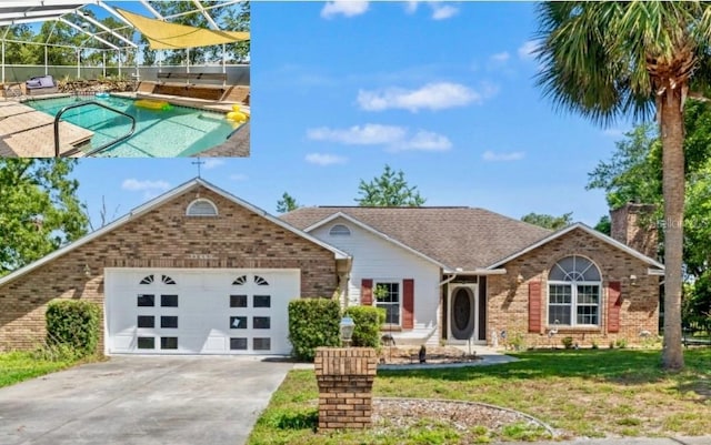 13469 Pia Ct, Spring Hill, FL 34609 - exterior space with a front yard, a chimney, brick siding, an attached garage, and driveway