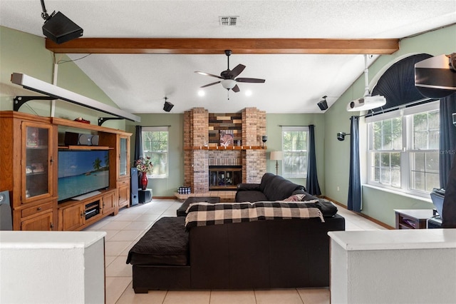 13469 Pia Ct, Spring Hill, FL 34609 - living room featuring a ceiling fan, light tile patterned floors, plenty of natural light, and vaulted ceiling with beams
