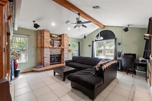 13469 Pia Ct, Spring Hill, FL 34609 - living area with ceiling fan, lofted ceiling with beams, a brick fireplace, a textured ceiling, and light tile patterned floors