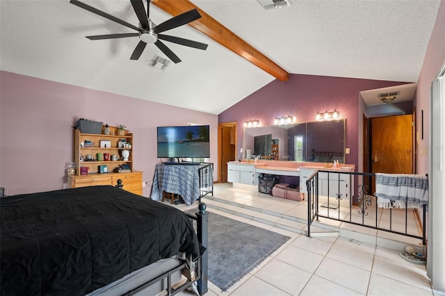 13469 Pia Ct, Spring Hill, FL 34609 - bedroom featuring vaulted ceiling with beams, a textured ceiling, tile patterned floors, and visible vents