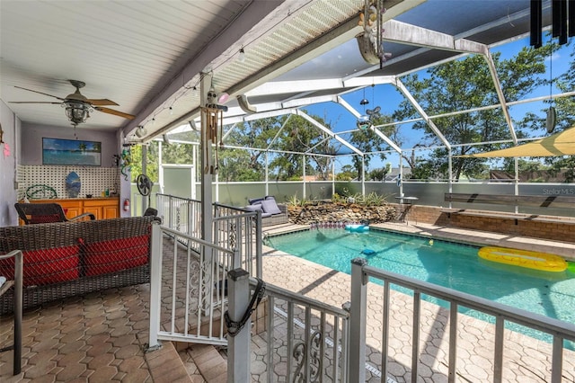 13469 Pia Ct, Spring Hill, FL 34609 - view of pool featuring a lanai, a patio, a fenced in pool, and a ceiling fan