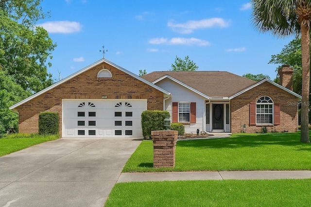 13469 Pia Ct, Spring Hill, FL 34609 - single story home featuring a chimney, driveway, a front lawn, an attached garage, and brick siding