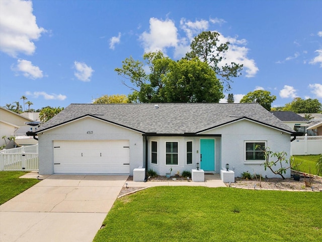 ranch-style house with roof with shingles, brick siding, and a garage