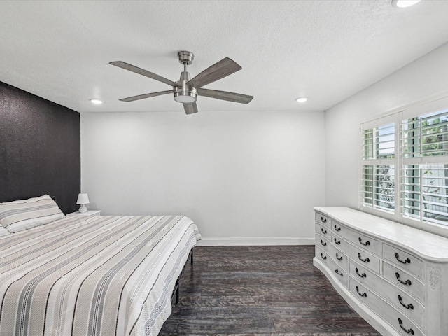 bedroom featuring dark wood-style floors, recessed lighting, ceiling fan, and baseboards