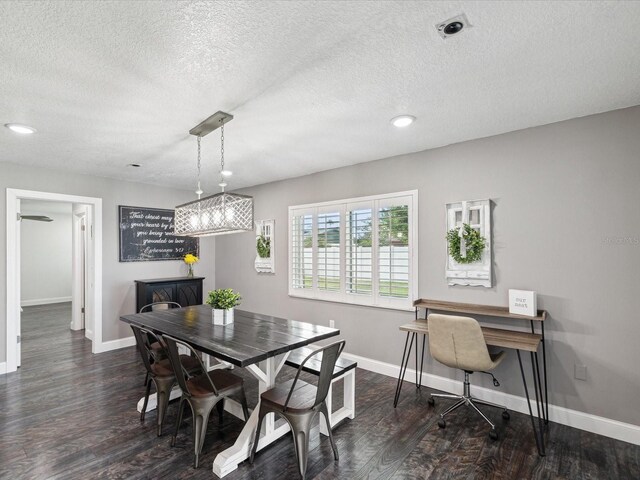 dining area featuring baseboards, recessed lighting, a textured ceiling, and dark wood finished floors