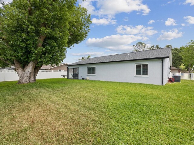 rear view of property featuring a fenced backyard, stucco siding, a shingled roof, central AC, and a lawn