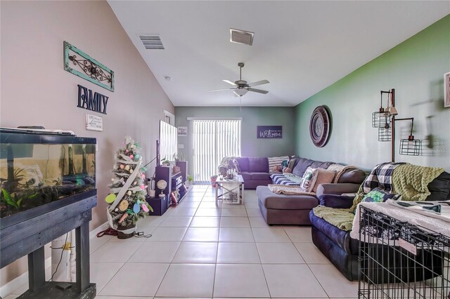680 Argyll Dr, Spring Hill, FL 34609 - living area featuring vaulted ceiling, visible vents, ceiling fan, and light tile patterned flooring