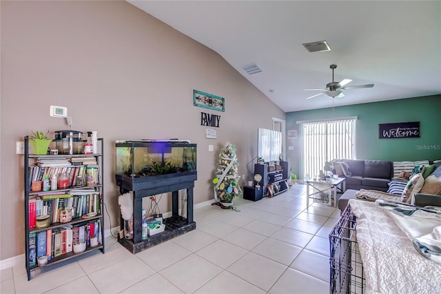 680 Argyll Dr, Spring Hill, FL 34609 - living area with ceiling fan, lofted ceiling, tile patterned flooring, and baseboards