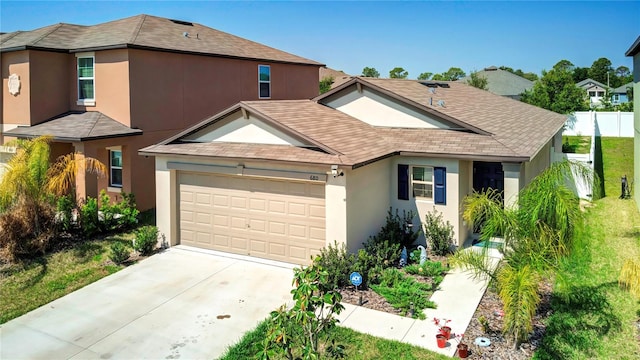 680 Argyll Dr, Spring Hill, FL 34609 - view of front of home with fence, stucco siding, concrete driveway, roof with shingles, and a garage