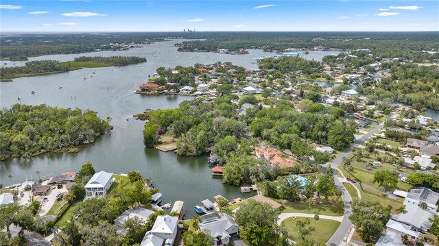 drone / aerial view with a residential view and a water view