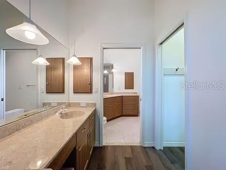 9237 Penelope Dr, Weeki Wachee, FL 34613 - bathroom with vanity and wood finished floors