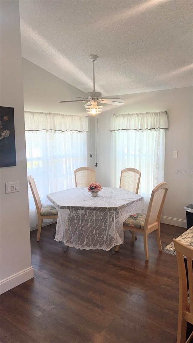 14105 Agua Clara Dr, Hudson, FL 34667 - dining area featuring healthy amount of natural light, a textured ceiling, dark wood finished floors, ceiling fan, and lofted ceiling