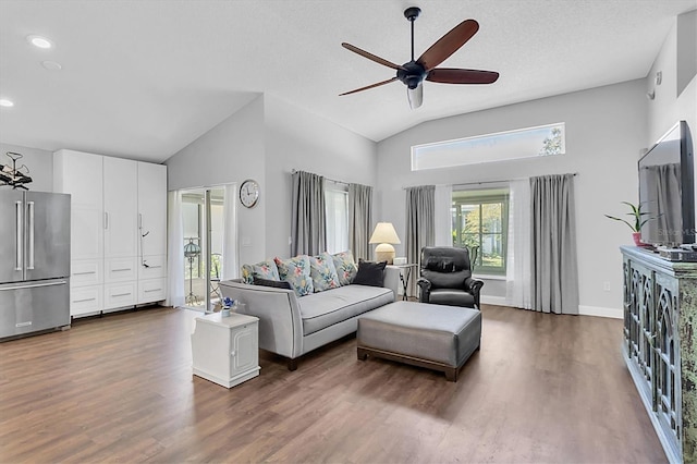 14105 Agua Clara Dr, Hudson, FL 34667 - living room with vaulted ceiling, dark wood-type flooring, a ceiling fan, and recessed lighting