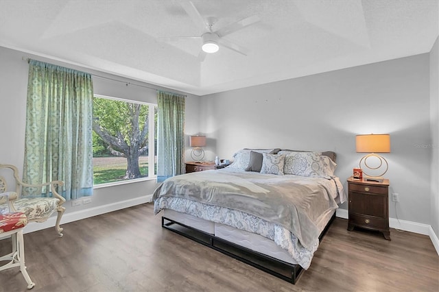 14105 Agua Clara Dr, Hudson, FL 34667 - bedroom featuring wood finished floors, a tray ceiling, and ceiling fan
