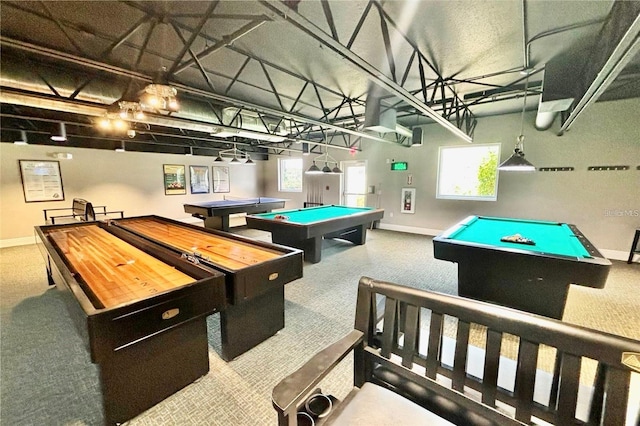 rec room with baseboards, pool table, and carpet