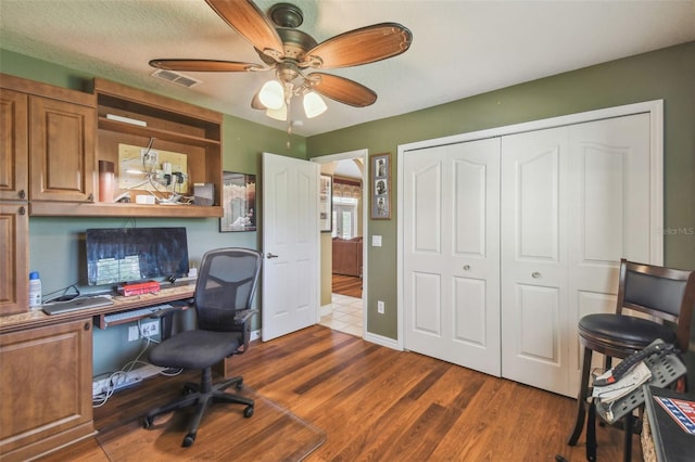 18502 Winding Oaks Blvd, Hudson, FL 34667 - office area with dark wood-style flooring, a ceiling fan, and visible vents