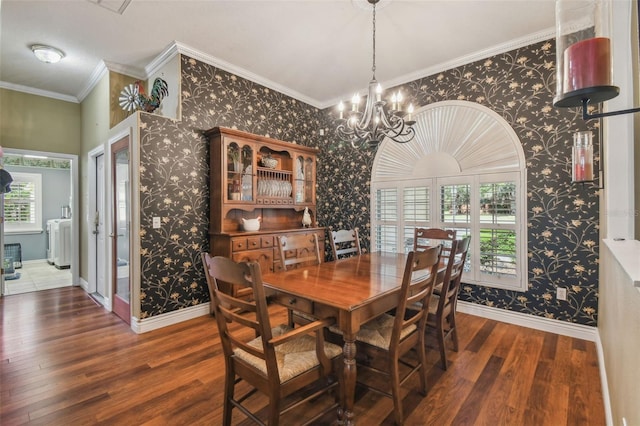 18502 Winding Oaks Blvd, Hudson, FL 34667 - dining room featuring a chandelier, baseboards, wallpapered walls, wood finished floors, and ornamental molding
