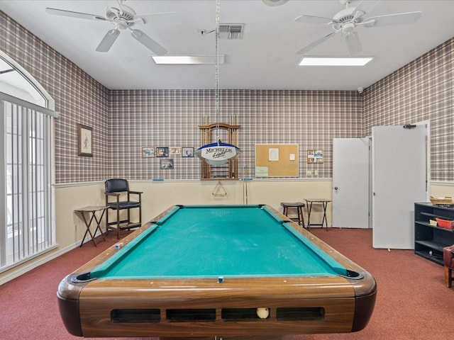 rec room featuring carpet, a ceiling fan, and wallpapered walls
