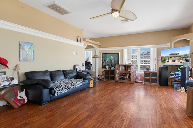 13810 Celida Ave, Hudson, FL 34667 - living room featuring visible vents, wood finished floors, and ceiling fan