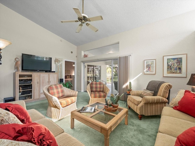 carpeted living room with a textured ceiling, a ceiling fan, and high vaulted ceiling