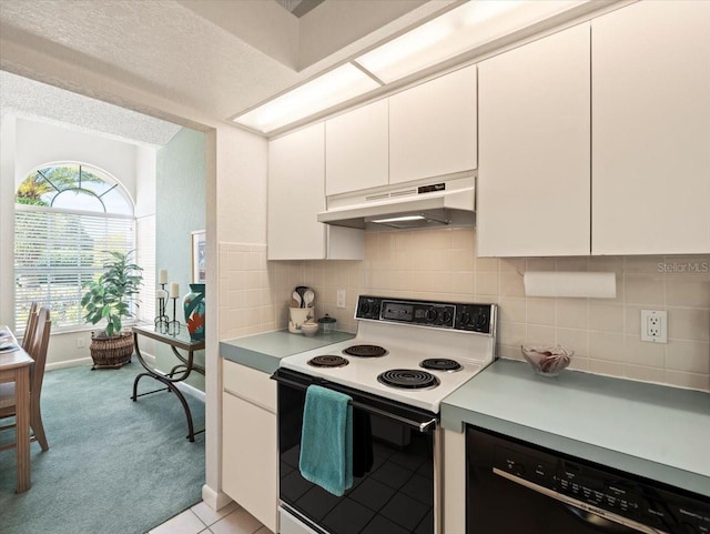 kitchen with range with electric cooktop, black dishwasher, light countertops, under cabinet range hood, and white cabinetry