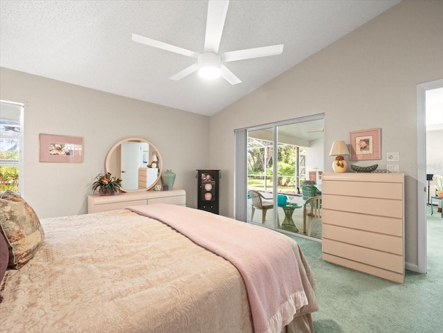 bedroom with ceiling fan, high vaulted ceiling, access to exterior, and light carpet