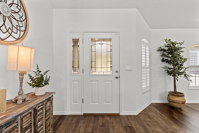 foyer entrance featuring baseboards and dark wood-style flooring
