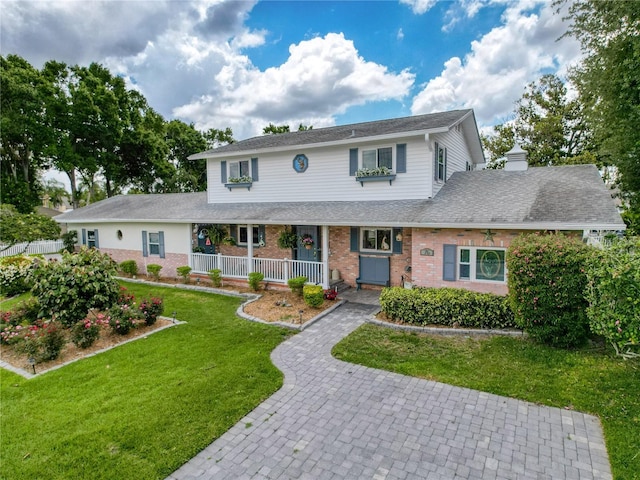 75 N Canal Dr, Palm Harbor, FL 34684 - view of front of property featuring a porch, a chimney, a front yard, and brick siding