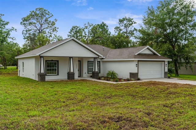 12331 Fulmar Rd, Weeki Wachee, FL 34614 - view of front of house with an attached garage, stucco siding, driveway, a front lawn, and a porch