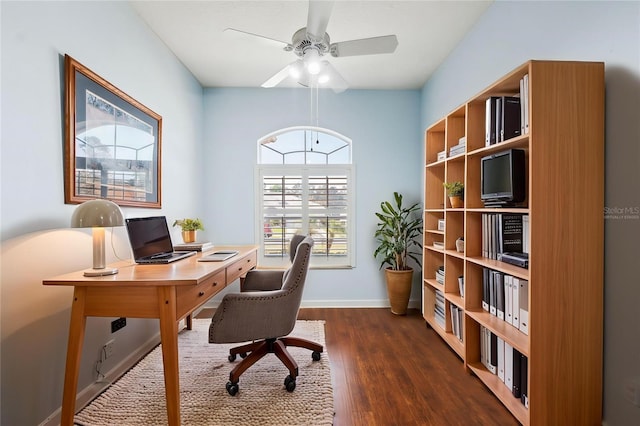 4080 Gevalia Dr, Brooksville, FL 34604 - home office with baseboards, dark wood finished floors, and ceiling fan