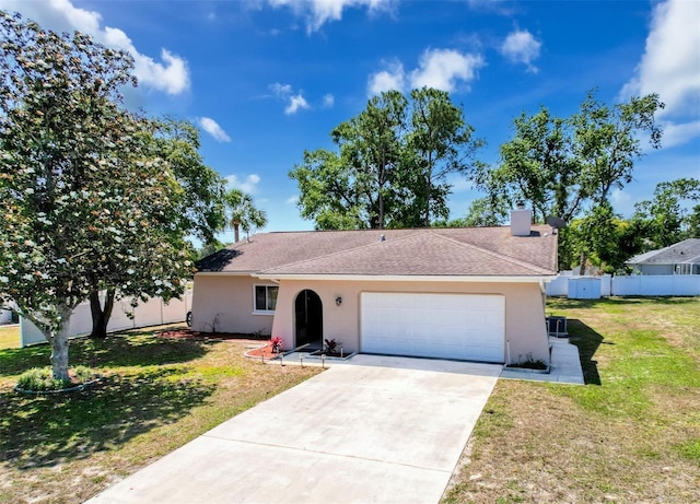 single story home featuring concrete driveway, a garage, a chimney, and stucco siding