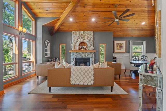 520 Lafayette Blvd, Oldsmar, FL 34677 - living area with wooden ceiling, a stone fireplace, ceiling fan, high vaulted ceiling, and wood finished floors