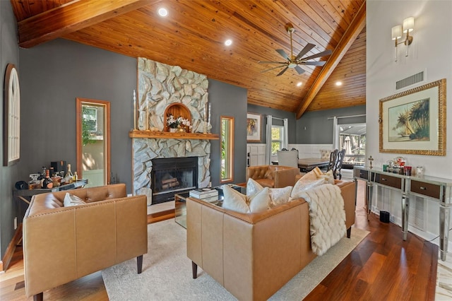 520 Lafayette Blvd, Oldsmar, FL 34677 - living room featuring a ceiling fan, visible vents, wooden ceiling, and wood finished floors