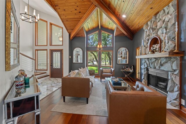 520 Lafayette Blvd, Oldsmar, FL 34677 - living area featuring lofted ceiling with beams, wood finished floors, a fireplace, a chandelier, and wood ceiling