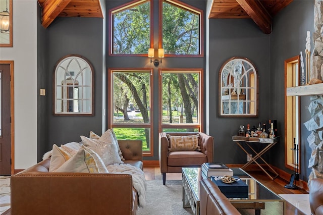 520 Lafayette Blvd, Oldsmar, FL 34677 - living room featuring wood ceiling, beamed ceiling, and a dry bar
