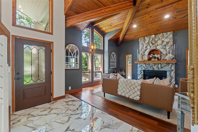 520 Lafayette Blvd, Oldsmar, FL 34677 - entryway featuring beam ceiling, high vaulted ceiling, recessed lighting, a fireplace, and wood ceiling