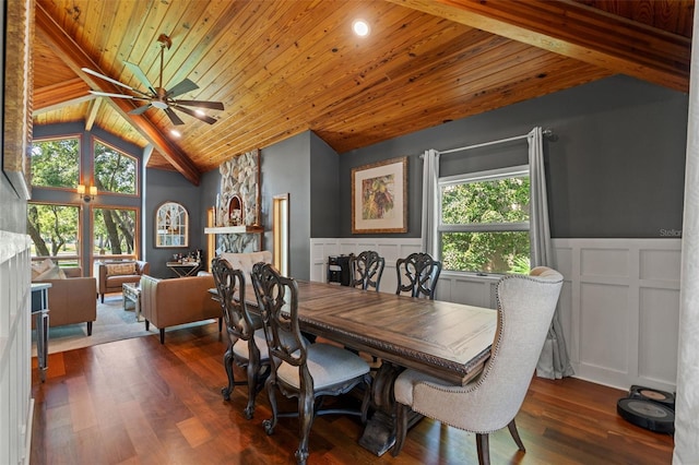 520 Lafayette Blvd, Oldsmar, FL 34677 - dining room with a ceiling fan, wood ceiling, a wainscoted wall, wood finished floors, and lofted ceiling with beams