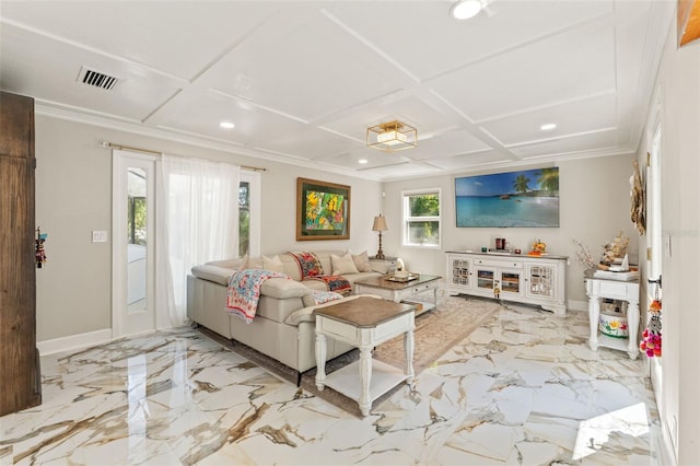 520 Lafayette Blvd, Oldsmar, FL 34677 - living room featuring marble finish floor, visible vents, recessed lighting, coffered ceiling, and baseboards