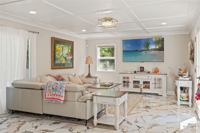 520 Lafayette Blvd, Oldsmar, FL 34677 - living room featuring coffered ceiling, marble finish floor, and recessed lighting